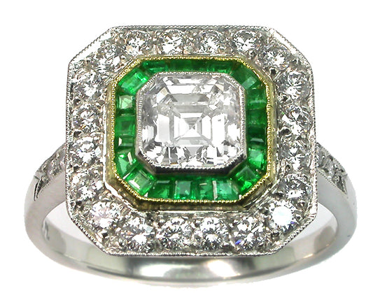 1ct Asscher Cut Art Deco Style Platinum Diamond Emerald Ring
