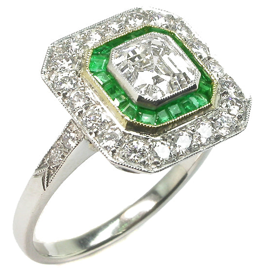 1ct Asscher Cut Art Deco Style Platinum Diamond Emerald Ring