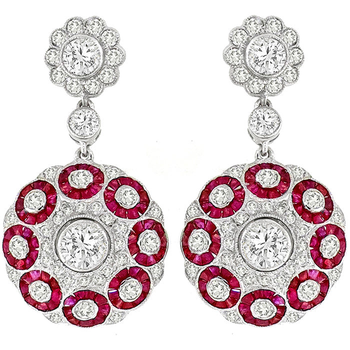 2.55 Diamond 2.30ct Ruby White Gold Drop Dangling Earrings