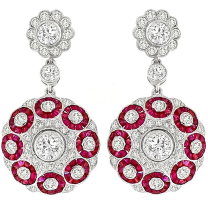 2.55 Diamond 2.30ct Ruby White Gold Drop Dangling Earrings