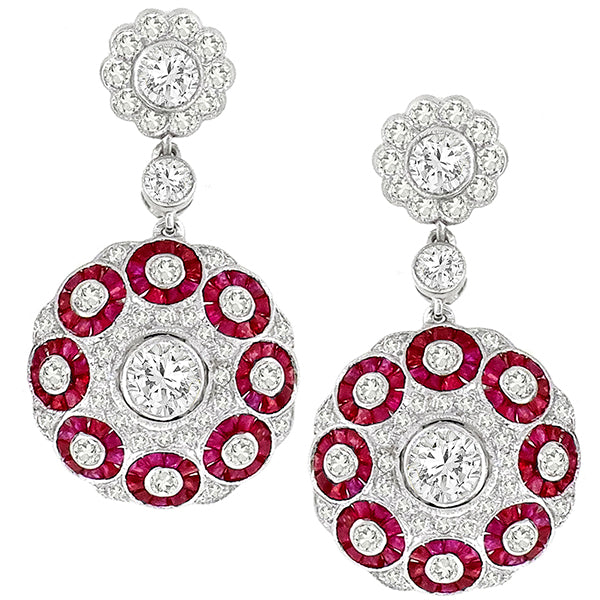 2.55 Diamond 2.30ct Ruby White Gold Drop Dangling Earrings