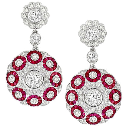 2.55 Diamond 2.30ct Ruby White Gold Drop Dangling Earrings