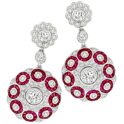 2.55 Diamond 2.30ct Ruby White Gold Drop Dangling Earrings