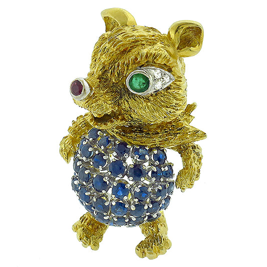 2.00ct Sapphire Ruby Emerald Diamond Gold Bear Pin