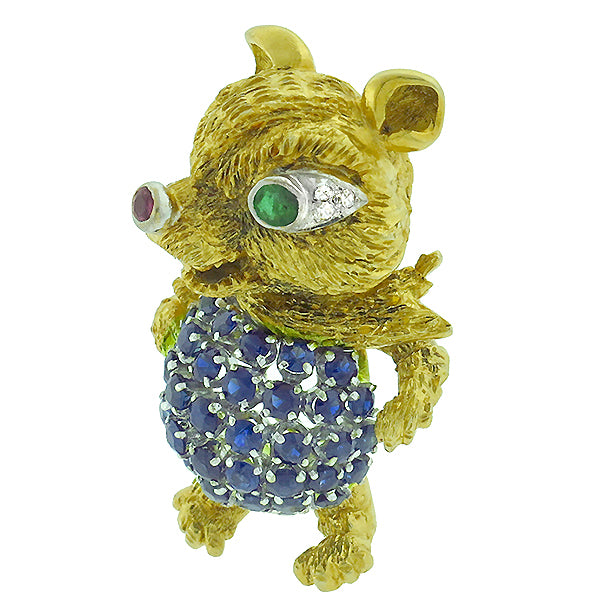 2.00ct Sapphire Ruby Emerald Diamond Gold Bear Pin