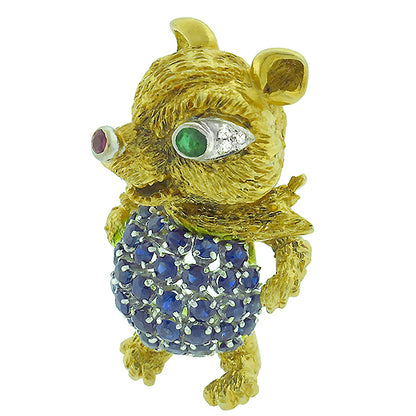 2.00ct Sapphire Ruby Emerald Diamond Gold Bear Pin