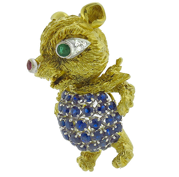2.00ct Sapphire Ruby Emerald Diamond Gold Bear Pin