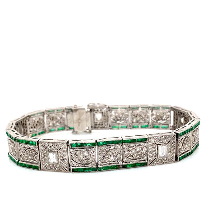 3.15ct Art Deco Style 18k White Gold Diamond 4.10ct Emerald Bracelet