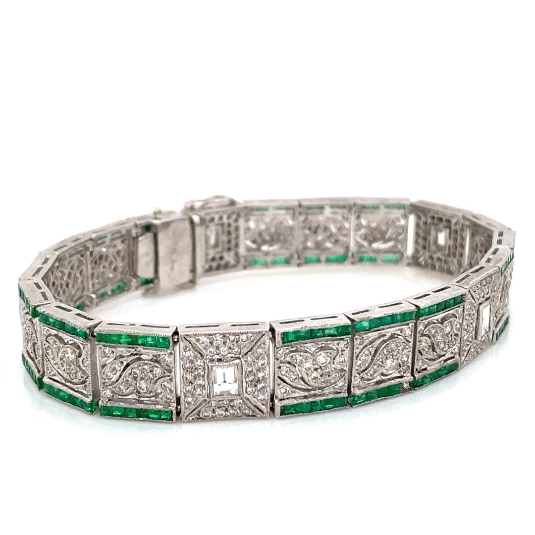 3.15ct Art Deco Style 18k White Gold Diamond 4.10ct Emerald Bracelet
