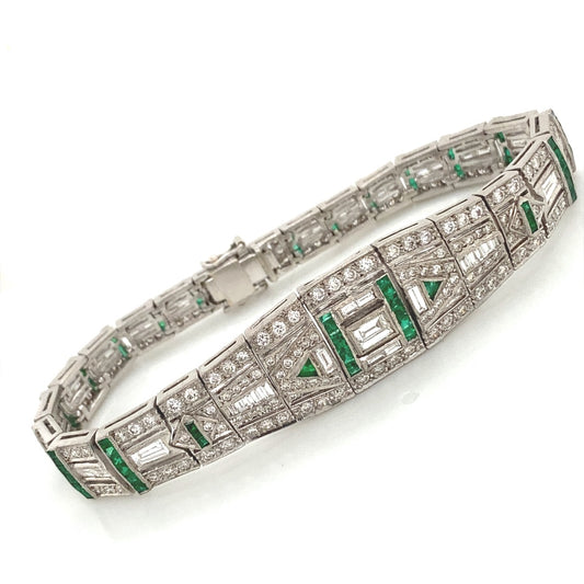 Art Deco Style 18k White Gold Diamond and Emerald Bracelet