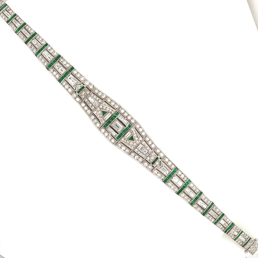 Art Deco Style 18k White Gold Diamond and Emerald Bracelet