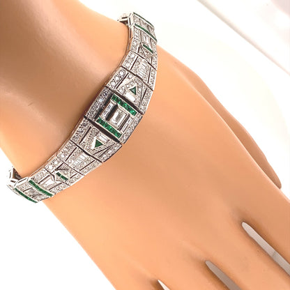 Art Deco Style 18k White Gold Diamond and Emerald Bracelet