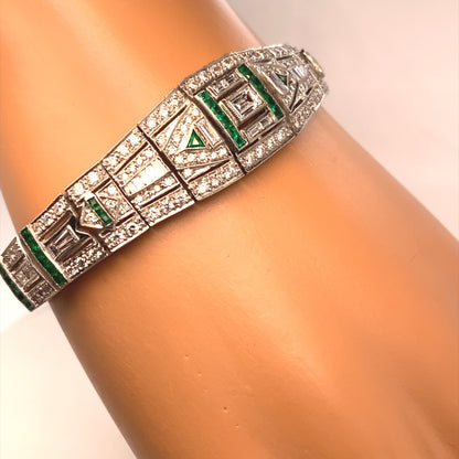 Art Deco Style 18k White Gold Diamond and Emerald Bracelet