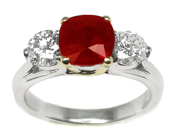 2.03ct Cushion Cut Burmese Ruby Diamond 14k White & Yellow  Gold Engagement Ring