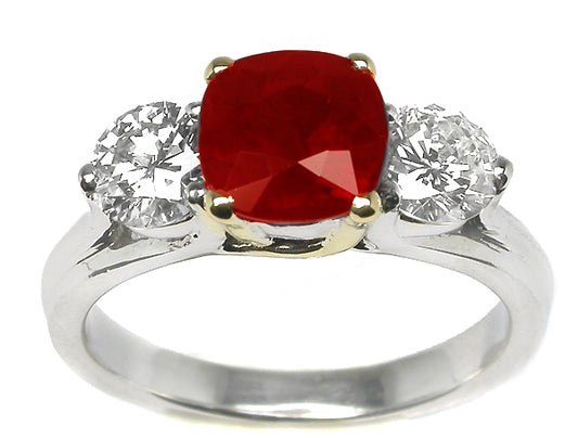 2.03ct Cushion Cut Burmese Ruby Diamond 14k White & Yellow  Gold Engagement Ring