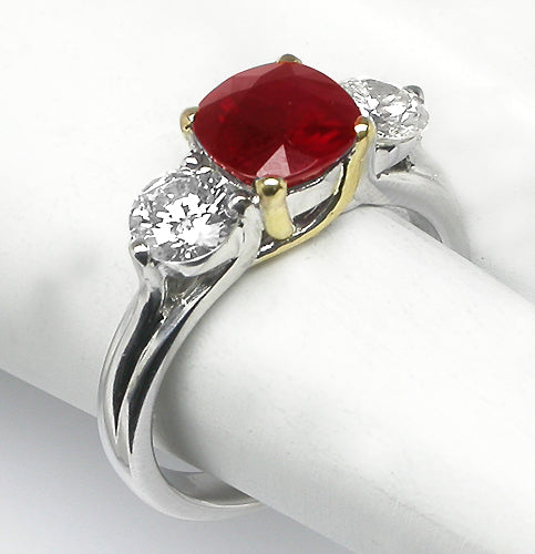 2.03ct Cushion Cut Burmese Ruby Diamond 14k White & Yellow  Gold Engagement Ring