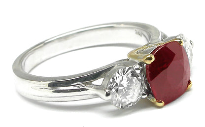 2.03ct Cushion Cut Burmese Ruby Diamond 14k White & Yellow  Gold Engagement Ring