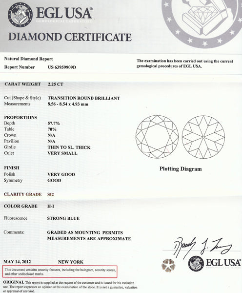 2.25ct EGL Certified H-I SI2 Diamond Engagement Ring