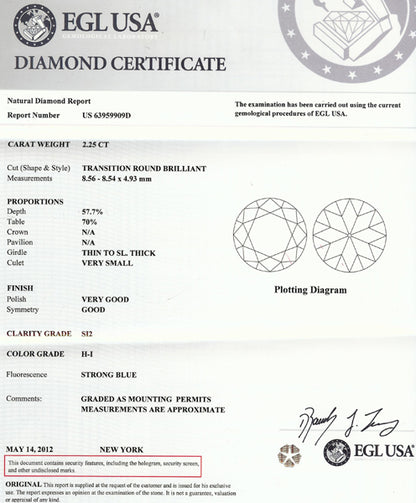 2.25ct EGL Certified H-I SI2 Diamond Engagement Ring