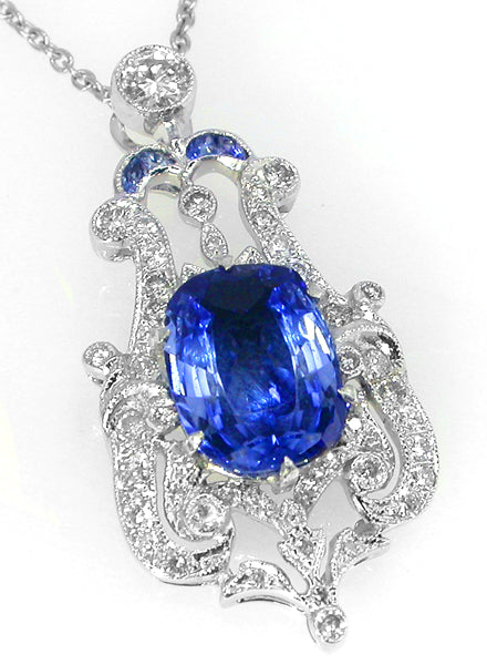 2.50ct Cushion Cut Ceylon Sapphire 18k White Gold  Art Deco Style Pendant