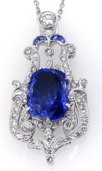 2.50ct Cushion Cut Ceylon Sapphire 18k White Gold  Art Deco Style Pendant