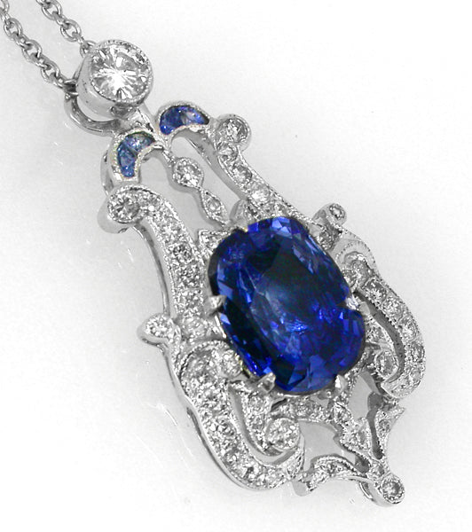 2.50ct Cushion Cut Ceylon Sapphire 18k White Gold  Art Deco Style Pendant