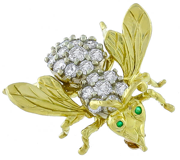 2.5ct Diamond & Emeralds 18k Yellow Gold Bee Pin
