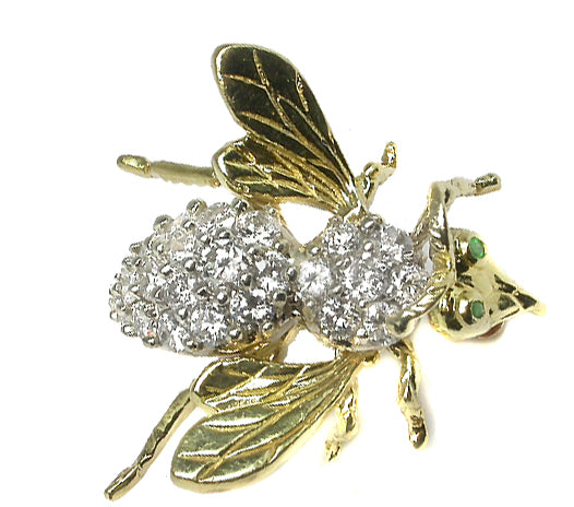 2.5ct Diamond & Emeralds 18k Yellow Gold Bee Pin