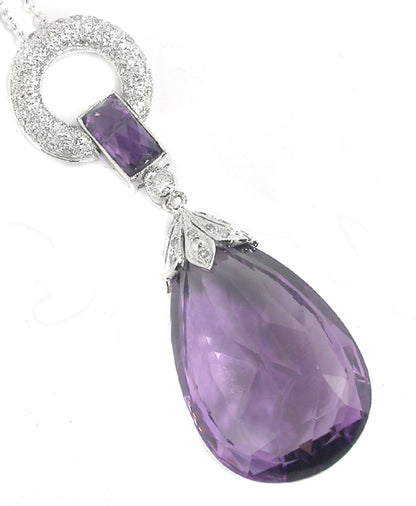 26.53ct Amethyst 1ct Diamond 18k White Gold  Pendant