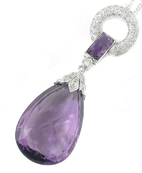 26.53ct Amethyst 1ct Diamond 18k White Gold  Pendant