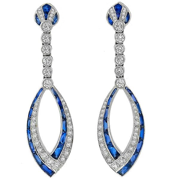 2.71ct French Cut Sapphire 1.58ct Round Cut Diamond 18k White Gold Drop Earrings