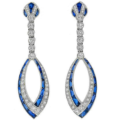 2.71ct French Cut Sapphire 1.58ct Round Cut Diamond 18k White Gold Drop Earrings