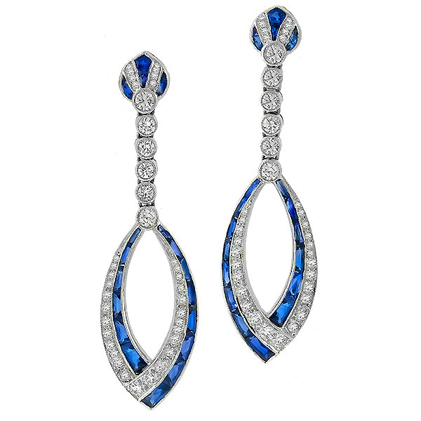 2.71ct French Cut Sapphire 1.58ct Round Cut Diamond 18k White Gold Drop Earrings