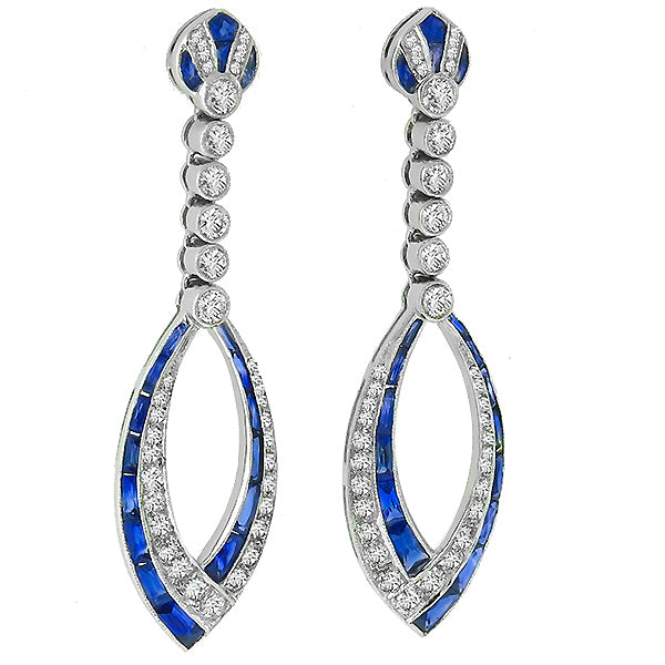 2.71ct French Cut Sapphire 1.58ct Round Cut Diamond 18k White Gold Drop Earrings
