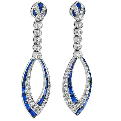 2.71ct French Cut Sapphire 1.58ct Round Cut Diamond 18k White Gold Drop Earrings