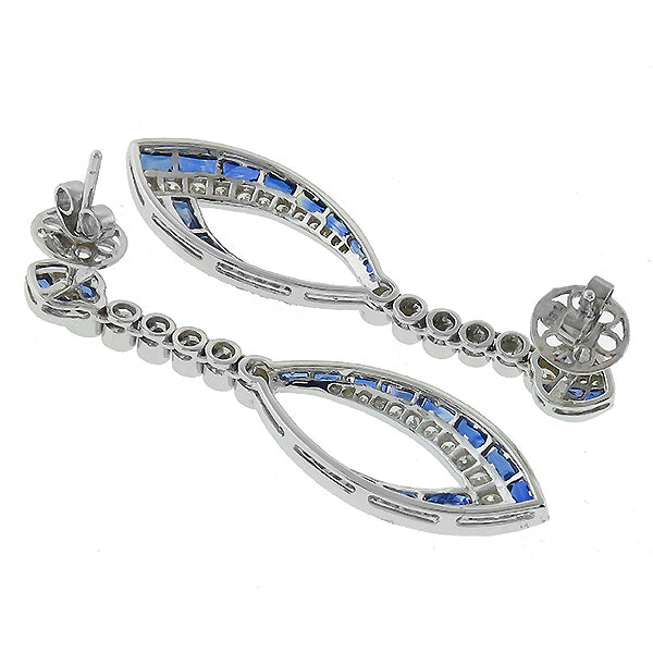 2.71ct French Cut Sapphire 1.58ct Round Cut Diamond 18k White Gold Drop Earrings