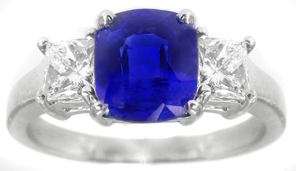 2.99ct Cushion Cut Ceylon Sapphire 0.75ct Diamond  Engagement Ring