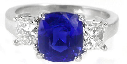2.99ct Cushion Cut Ceylon Sapphire 0.75ct Diamond  Engagement Ring