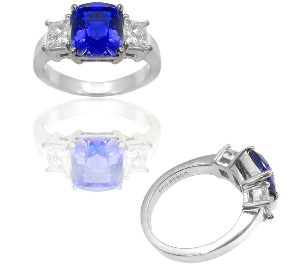 2.99ct Cushion Cut Ceylon Sapphire 0.75ct Diamond  Engagement Ring