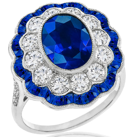 Art Deco Style 3.01ct Sapphire Diamond Gold Ring