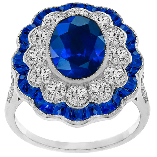 Art Deco Style 3.01ct Sapphire Diamond Gold Ring