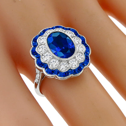 Art Deco Style 3.01ct Sapphire Diamond Gold Ring
