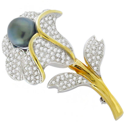 3.00ct Diamond Black Pearl Gold Rose Pin