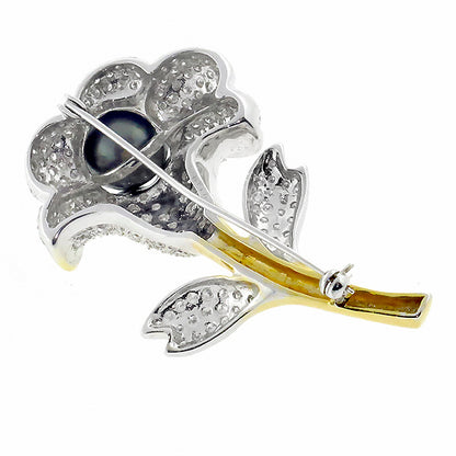 3.00ct Diamond Black Pearl Gold Rose Pin