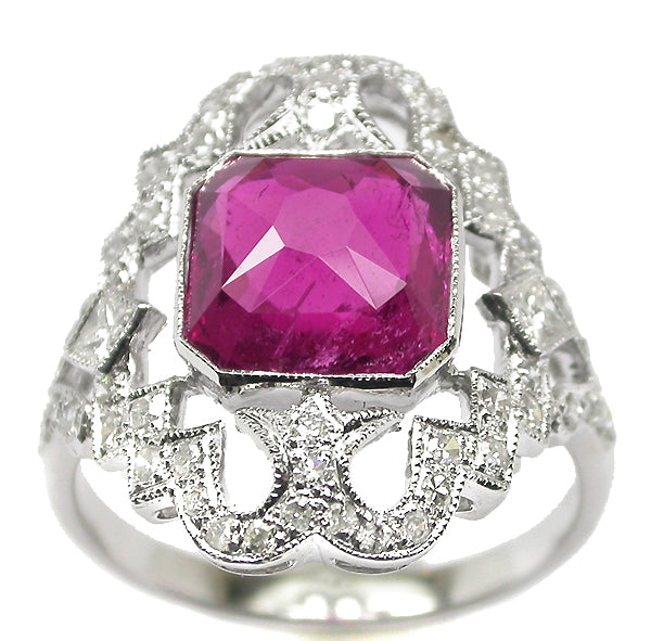 3.12ct Asscher Cut Rubelite Diamond 14k White Gold Ring