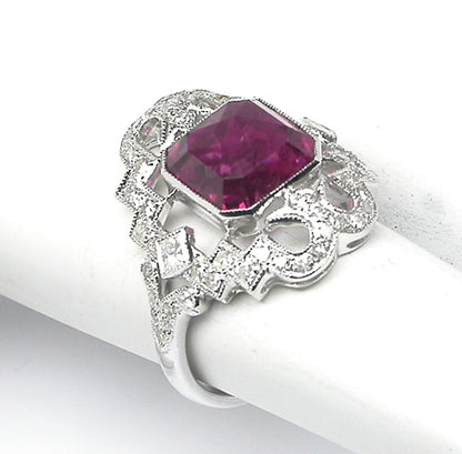3.12ct Asscher Cut Rubelite Diamond 14k White Gold Ring