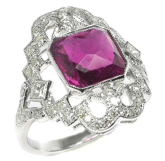 3.12ct Asscher Cut Rubelite Diamond 14k White Gold Ring