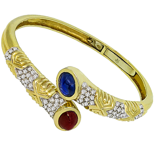 Cabochon Ruby and Sapphire Diamond Bangle in 14 Karat Yellow Gold