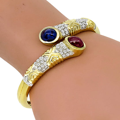 Cabochon Ruby and Sapphire Diamond Bangle in 14 Karat Yellow Gold