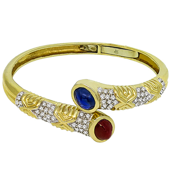 Cabochon Ruby and Sapphire Diamond Bangle in 14 Karat Yellow Gold